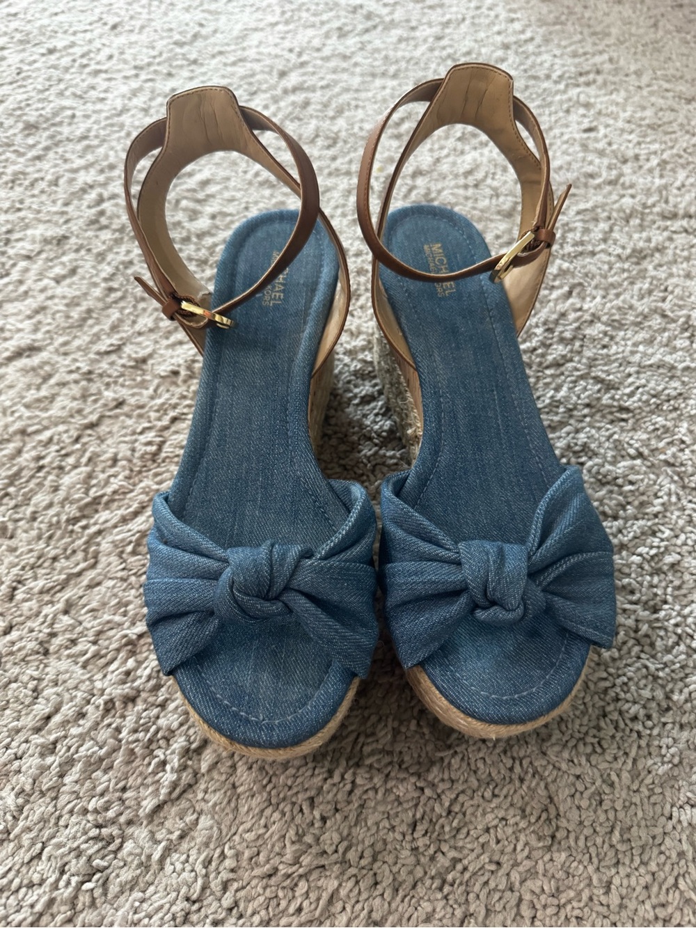 Michael Kors Denim Knot Espadrille Wedge Sandals with Brown Ankle Straps